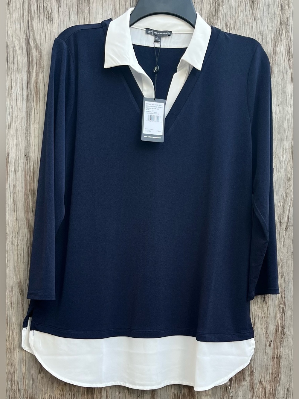 Adrianna Papell Blouse Womens Large Blue V Neck 3/4 Sleeve Layered Hem Tunic Top
